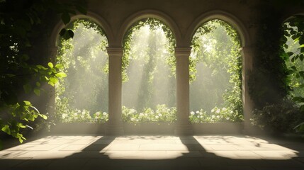 Obraz premium Sunlit arched hallway with lush greenery.
