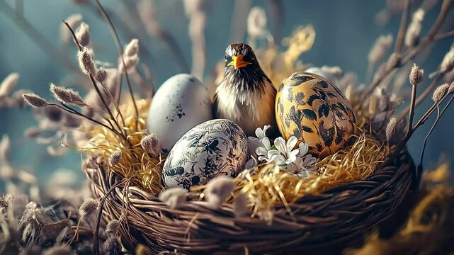 Bird & Easter eggs in nest with pussy willow