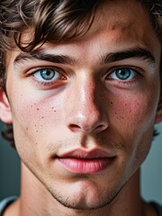 Obraz premium A close-up portrait of a young man with curly hair and blue eyes and looking directly at the viewer