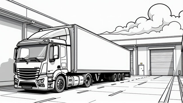 Black and White Illustration of a Semi-Truck at a Warehouse