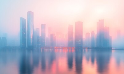 Misty city skyline at sunrise reflected in calm water.