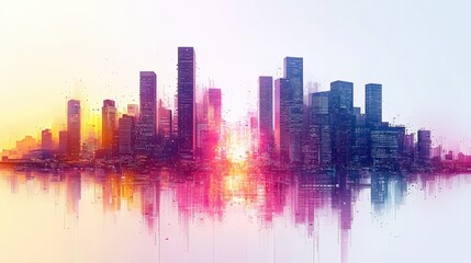 Fototapeta premium Colorful Urban Skyline at Sunset with Reflection in Water