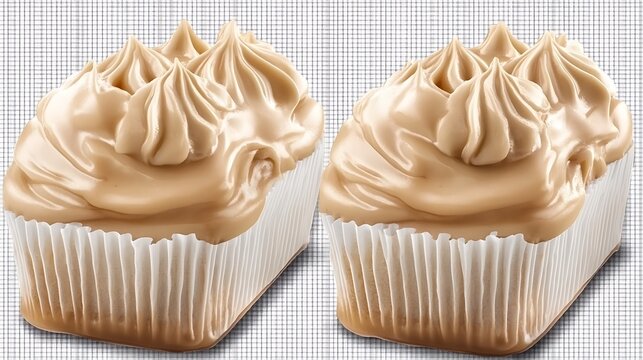 Two caramel frosted cupcakes on a checkered background