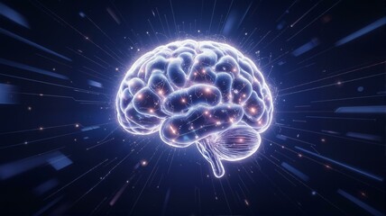 Blue glowing brain in dark space with lights.