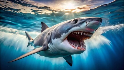 Fototapeta premium Hungry Great White Shark Ready to Attack - Ocean Predator Stock Photo