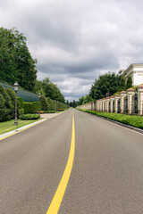 Empty asphalt road with yellow dividing strip stretching into the distance towards a cloudy sky, bordered by green trees, bushes, fences, and street lamps in a well-maintained park