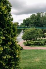 Mesmerizing water fountain captivating attention in a vibrant green garden, creating a tranquil oasis surrounded by lush trees and a winding brick pathway