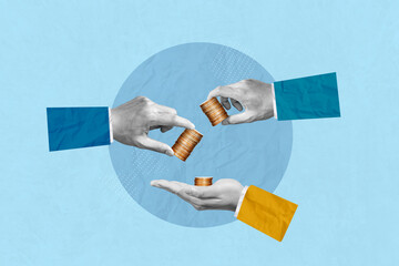 Investment, donate, donation, invest, saving moneyt, profit and savings concept. Creative art collage of hands hold coins and passes it to the other hand indicates business investment