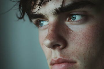 Close-up of a young person expressing emptiness and emotionless gaze, reflecting feelings of depression in subdued lighting
