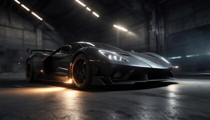 Obraz premium Speeding black supercar with glowing headlights and taillights through a dark tunnel with sparks flying around it, glow, black car