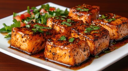 Four succulent salmon fillets drizzled with a rich sauce and topped with finely chopped herbs, presented with a bed of fresh greens on the side for a healthy meal
