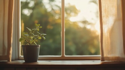 Sunlit mint plant in pot on window sill.