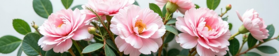 Fototapeta premium A loose arrangement of pale pink carnations with some greenery and fresh eucalyptus leaves, nature, fresh flowers, botanical