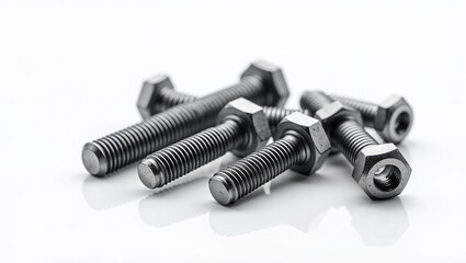 Industrial Metal Bolts and Nuts Arranged on Reflective Surface Showcasing Precision Engineering