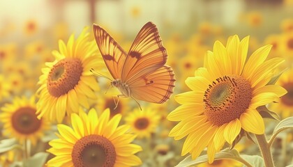 Vintage-style sunflower field with warm, faded golden tones and a soft textured effect