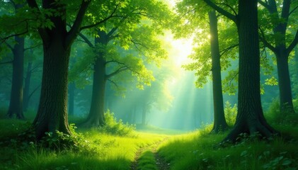 Obraz premium A peaceful forest with tall trees and a soft blue sky with dappled sunlight, natural serenity, serene woodland