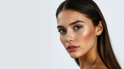 Naklejka premium Photorealistic fashion close-up portrait of a young woman with long dark hair and green eyes against a light gray background