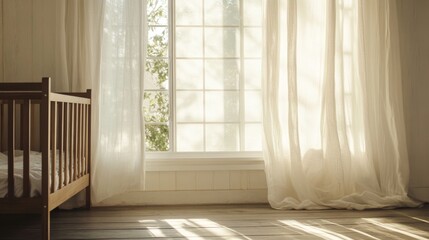 Sunlit nursery room with crib near window, sheer curtains.