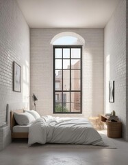 Minimalist bedroom with large window overlooking white brick wall outside , calm decor, natural light, serene atmosphere, white brick wall, simple style