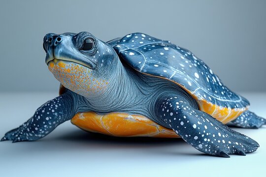 Colorful turtle with intricate shell patterns resting on a smooth surface indoors