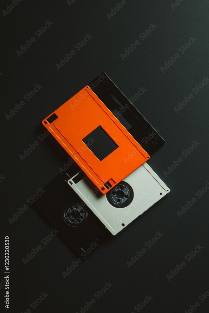 Aufkleber Retro Tech Vibes Minimalist Composition of Vintage Data Media on Matte Black - Aesthetic Content Creation and Nostalgic Marketing for Tech Heritage