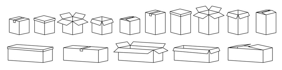 Cardboard boxes linear icons. Set of cardboard boxes for delivery