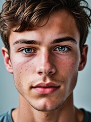 Obraz premium A close-up portrait of a young man with curly hair and blue eyes and looking directly at the viewer