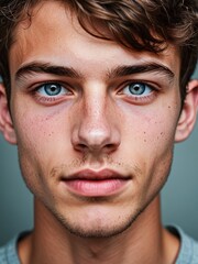 Obraz premium A close-up portrait of a young man with curly hair and blue eyes and looking directly at the viewer