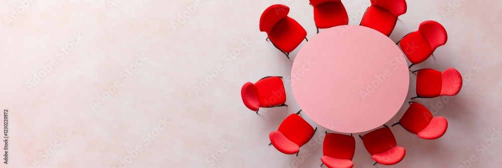 Poster Contemporary Minimalist Conference Setup Red Chairs Around Circular Table on Soft Pink Texture - Collaborative Workspace for Dynamic Team Meetings in Modern Corporate Environments