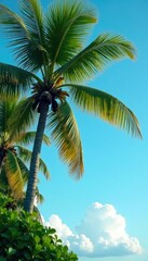 Obraz premium Coconut tree leaves rustle softly in the breeze as fluffy white clouds drift across the bright blue sky, , serenity, coconut tree