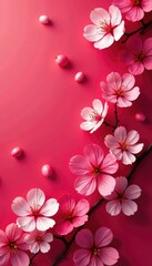 Colorful cherry blossoms scattered on a crimson background, garden, floral arrangement