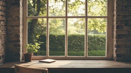Fototapeta premium Sunlit windowsill with book, plant, and view.