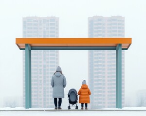 Urban Living and Environmental Change Young Family Under Minimalist Bus Shelter Amid City Haze - Modern Lifestyle and Eco Awareness Content for Urban Planning
