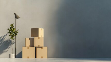 Organizing delivery boxes modern home interior still life minimalist setting natural light efficient space management