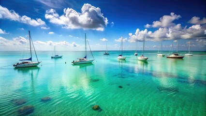 Obraz premium Peaceful ocean landscape with sailboats and yachts gliding effortlessly on calm turquoise water, boat sailing, yacht, sailing, ocean