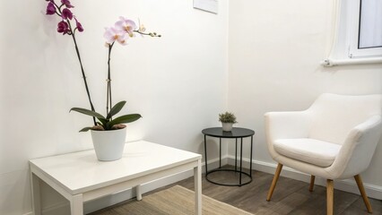 ModerSmall white room with a single potted orchid and a minimalist coffee table, elegant simplicity, empty room, potted plant