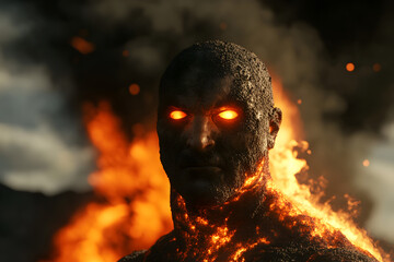 A humanoid creature made of fire and ash, standing in the middle of a volcanic eruption, its eyes glowing bright orange.


