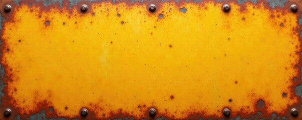 Corroded metal sheet with orange-peel texture, yellowing color, disintegration, flaking paint