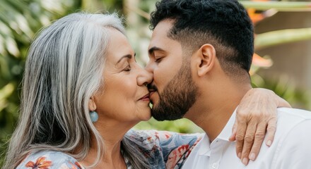 Fototapeta premium Heartwarming bond between mature hispanic woman and young hispanic man embracing in nature