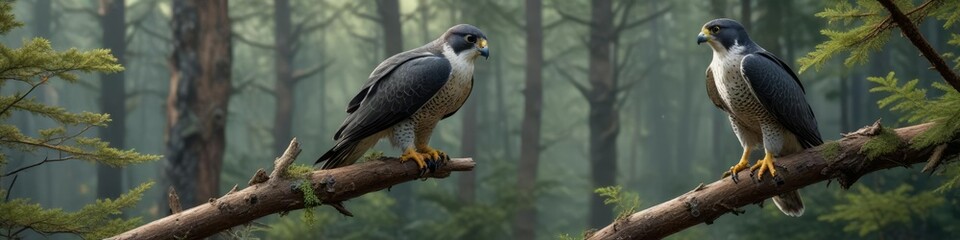 Obraz premium Peregrine falcon perched on a branch, looking down at the forest floor with a fish in its talons, raptor, bird of prey, branch