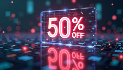 Futuristic sale depiction with holographic 50% OFF sign glowing above virtual product grid on dark tech-inspired background