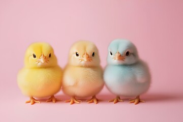 Fototapeta premium Three Adorable Chicks Wearing Pastel, Isolated on a Pink Background Easter Concept