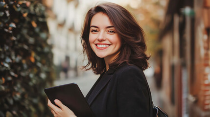 Businesswoman smiling while holding a digital tablet, modern entrepreneurship, approachable tone