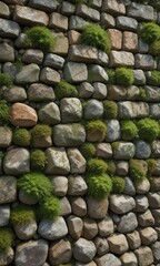 Moss-covered cobble wall with weathered stone effect and natural colors, natural colors, vintage charm, moss covered