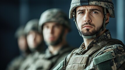 Fototapeta premium Military training exercise urban environment group of soldiers serious expression focused attitude team dynamics