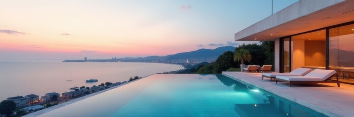 Fototapeta premium Sleek minimalist home, infinity pool overlooking city, architecture, building
