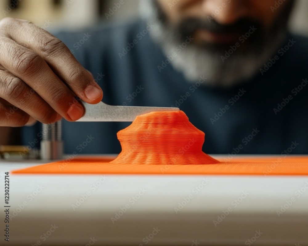 Poster diffused lighting on printing indian man in creative workspace removing vibrant orange prototype for