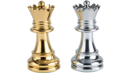 Isolated Gold and Silver Queen Chess Pieces Side View