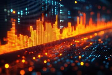 Colorful digital sound wave representation with vibrant orange and blue highlights in a modern tech setting