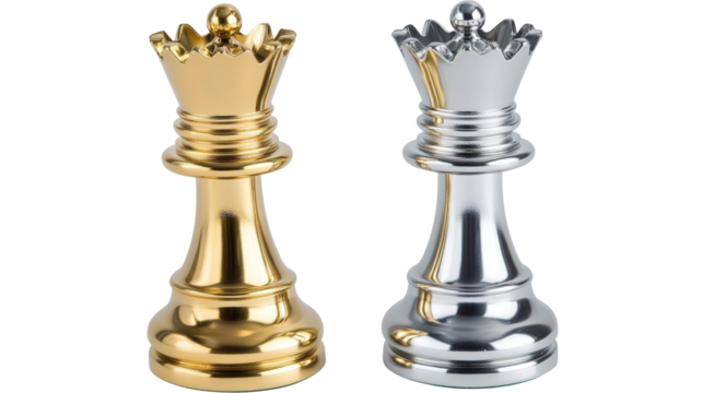 Isolated Gold and Silver Queen Chess Pieces Side View
